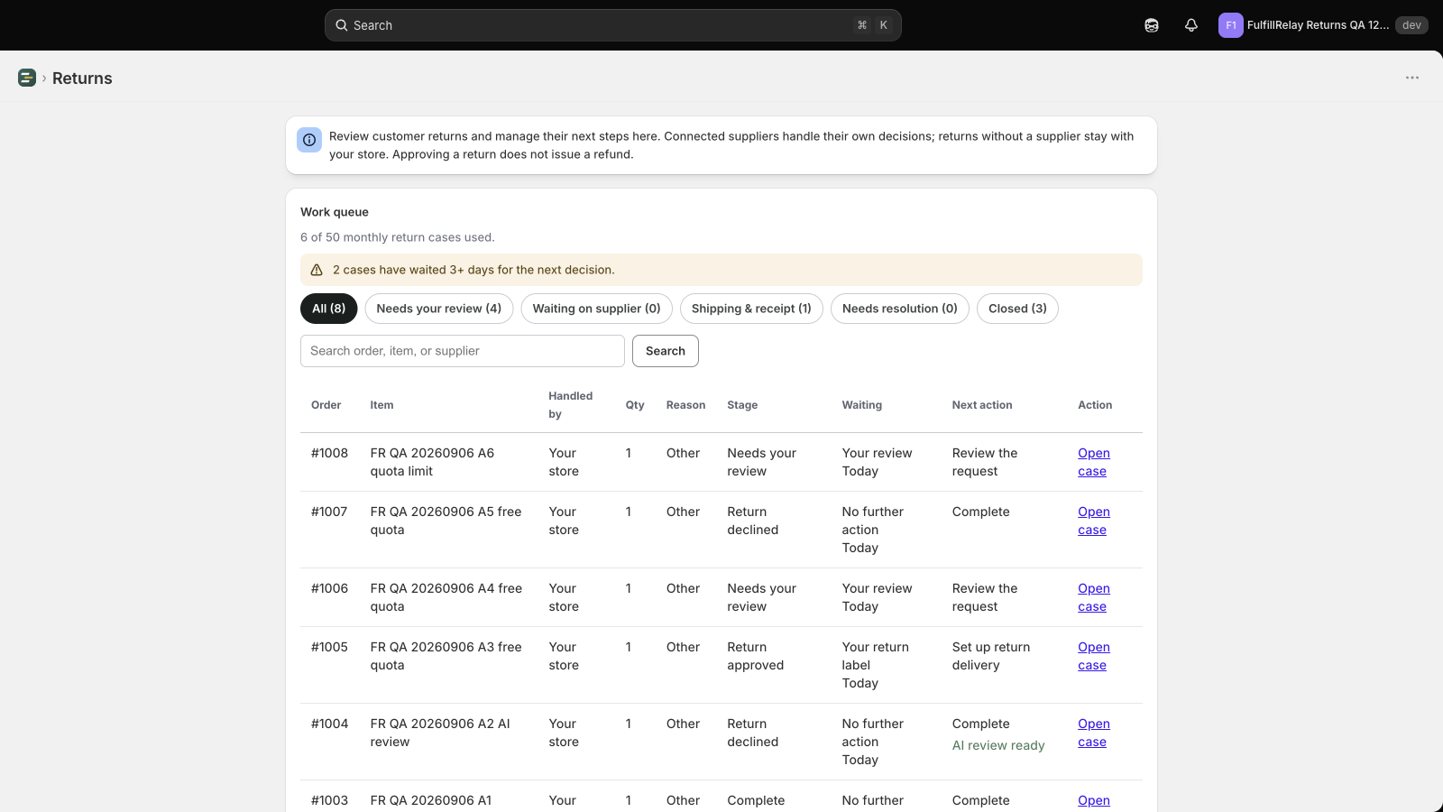 Returns workspace showing example cases and next steps